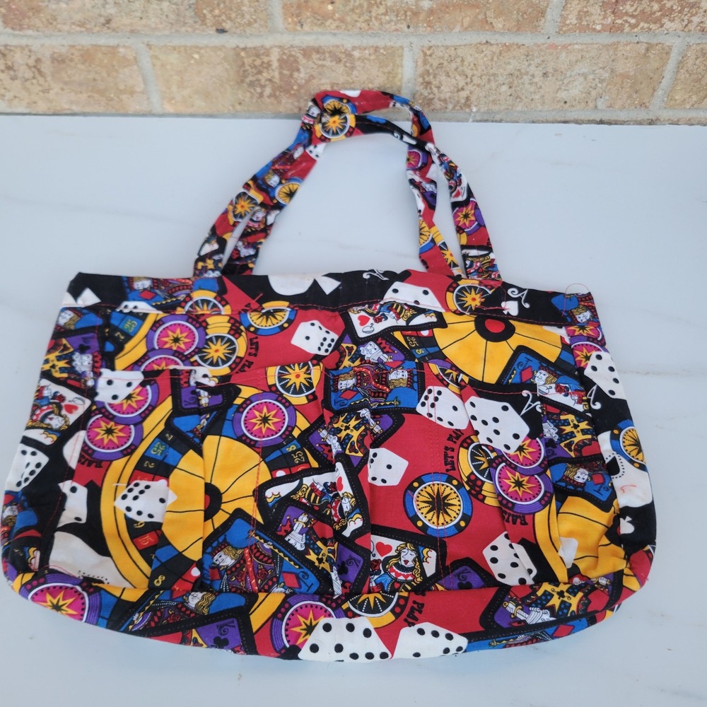 Casino Gambling Print Cotton Tote Bag‎ Playing Cards Dice Roulette Multicolor